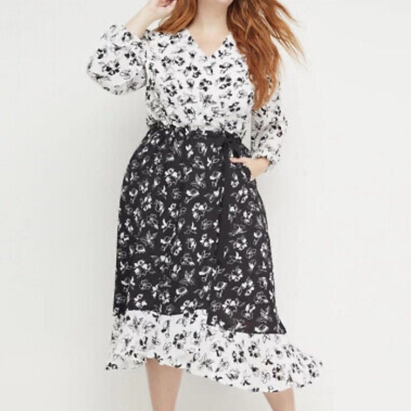 Lane Bryant x Beauticurve Midi Wrap Dress Women’s 16 Black White Floral Feminine - Picture 1 of 12